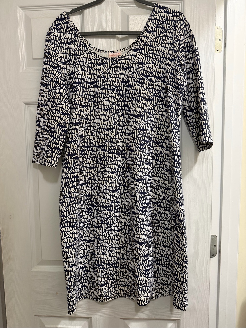 Navy and White Printed Scoop Neck Long-Sleeve Dress